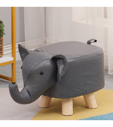 Taburet pentru Copii, Vafy, Scaun Tip Taburet, Model Elefant, din Lemn Masiv, Scaun pentru Copii, 30 x 25 x 25 cm, Gri inchis