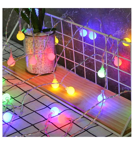 Instalatie sfere brad Craciun Vafy, 3 metri, 20 LEd-uri, alimentare la retea, fir transparent, multicolora