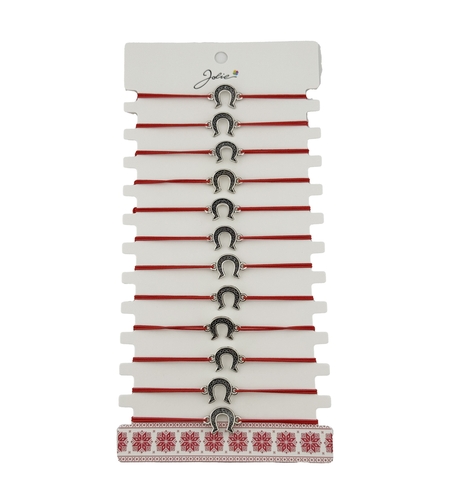 Bratara Martisor pentru Dama, Jolie, Model Potcoava, Set 12 bucati, Pandativ Argintiu din Inox cu Snur Rosu Ajustabil