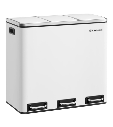 SONGMICS Cos de gunoi din inox cu 3 compartimente colectare selectiva, cu galeti interioare, 3x18litri, 62x32x56cm, alb
