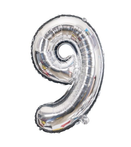 Balon din Folie Flippy, Cifra 9, 81 cm, Pentru Aer sau Heliu, Bulk, Argintiu
