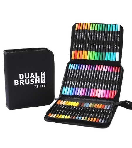 Set Carioci pe Baza de Apa, Flippy, 2 in 1, pentru Pictura, Caligrafie, 72 Culori, Penar Negru, Corp Carioca Negru, 24.5 x 18.5 x 5 cm, Multicolor