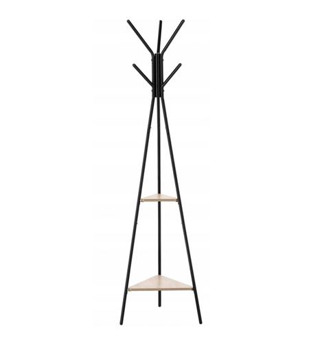 Cuier hol, metalic, 2 rafturi MDF, design minimalist, 180 cm, negru