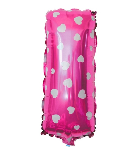 Balon Folie Metalizata Litera I, Flippy, 40 cm, Cu Imprimeu Inimioare, Umflati cu Heliu sau Aer, Ambalaj Individual, Pai inclus, Roz