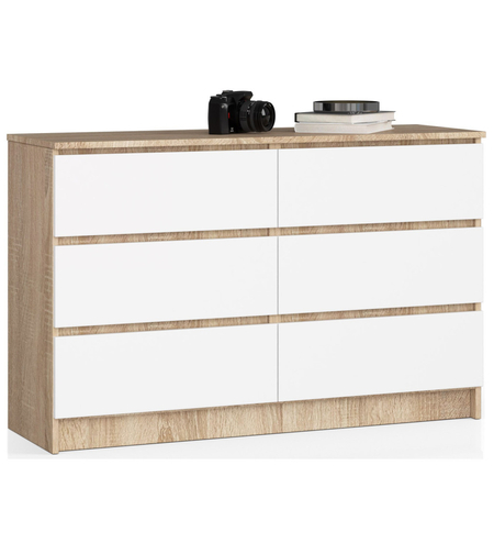Comoda cu 6 sertare, PAL laminat, 120x40x77 cm, stejar sonoma si alb mat