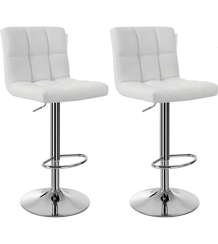 SONGMICS Set 2 scaune bar reglabile pe inaltime, cu spatar, sezut PU si suport picioare, rotatie 360°, 38x45x115 cm, alb