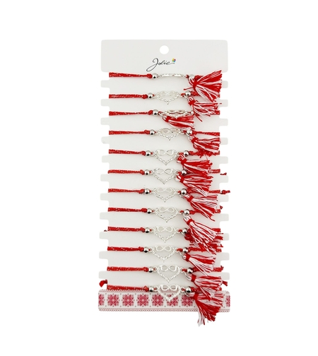 Martisor Bratara cu Ciucure pentru Dama, Jolie, Model Inima Infinit, Set 12 bucati, Pandativ din Inox cu Pietre, Snur Reglabil, Rosu/Alb