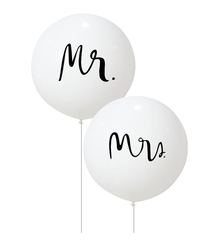 Set 2 Baloane din Latex, Flippy, Tip Jumbo, Model Mr si Mrs, Tema Nunta, 45 cm, Alb