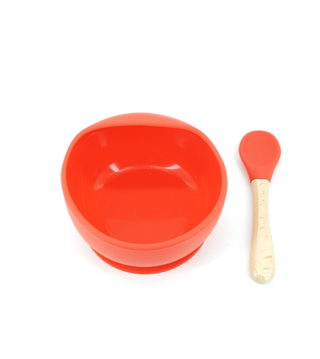 Set 2 piese diversificare bebelusi si copii din silicon Flippy, bol cu ventuza, lingurita din lemn si silicon, pentru gustari, fara alergeni, rosu