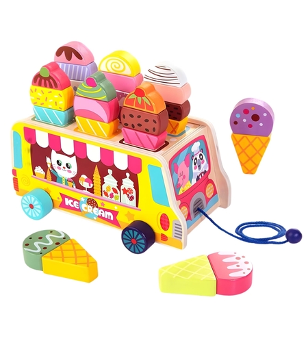 Jucarie Educativa Montessori, Flippy, Model Camion de Inghetata, Sortator Forme, 22 x 11 x 12 cm, 3+ ani, Multicolor