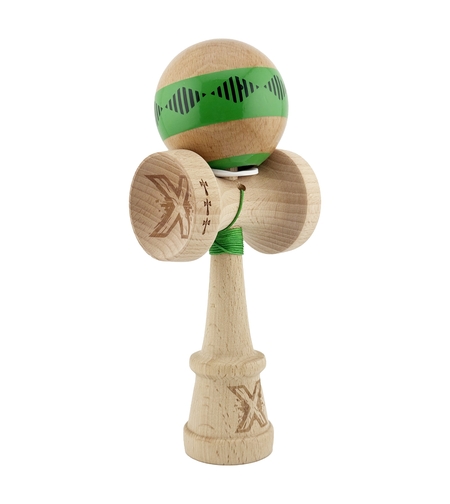 Kendama X Originala FREQUENCY, Profesionala, Flippy, Cupe Mari KING SIZE V3, Super Sticky, Gaura in Baza, Rulment Metalic, din lemn 18 cm, Ata 62/65 cm, Verde/Maro