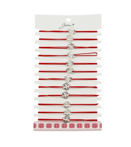Martisor Bratara Elastica cu Pandantiv din Inox, Jolie, pentru Dama, Set 12 bucati, Snur Rosu Textil, Model Trifoi cu Patru Foi