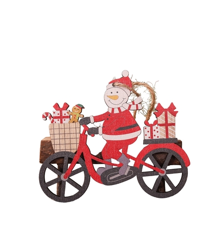 Decoratiune de Craciun din Lemn, Flippy, cu Snur pentru Agatare in Brad, Model Om de Zapada pe Bicicleta, 10.3x11.5x0.5 cm, Multicolor