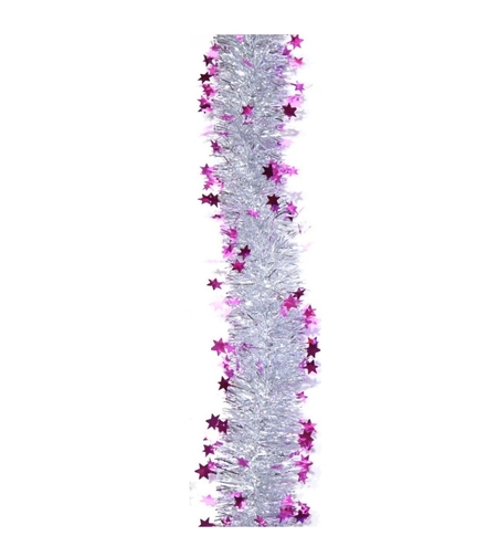 Beteala de Craciun cu LED, Flippy, 2 m, 5 cm Grosime, din PVC, Model cu Stelute, Artificiala, Mov/Argintiu