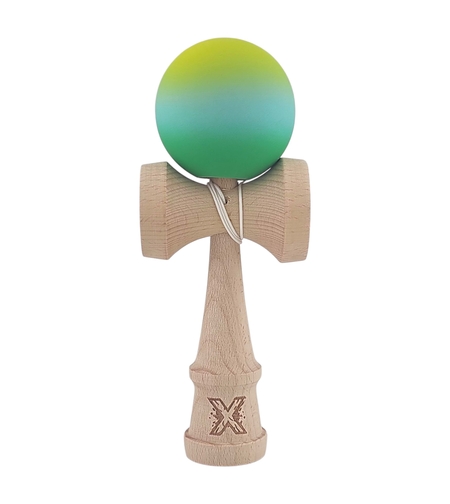 Kendama X Originala, Profesionala, Flippy, Rubber Grip, din Lemn, 18 cm, Galben/Albastru/Verde