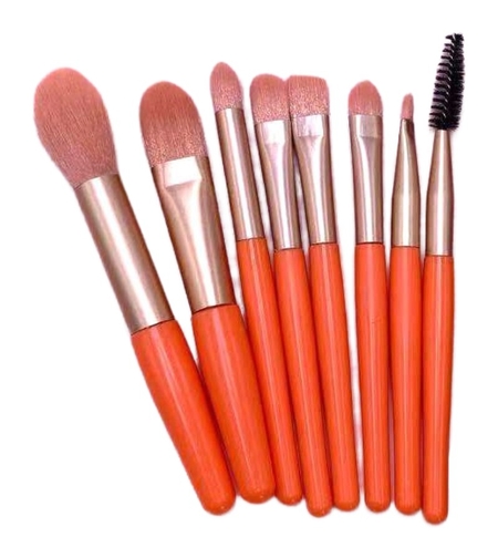 Mini Set Portabil 8 Pensule pentru Machiaj Flippy, Super Soft, Makeup Profesional/Incepatori, Maner Ergonomic, Gentuta Depozitare Inclusa, Portocaliu