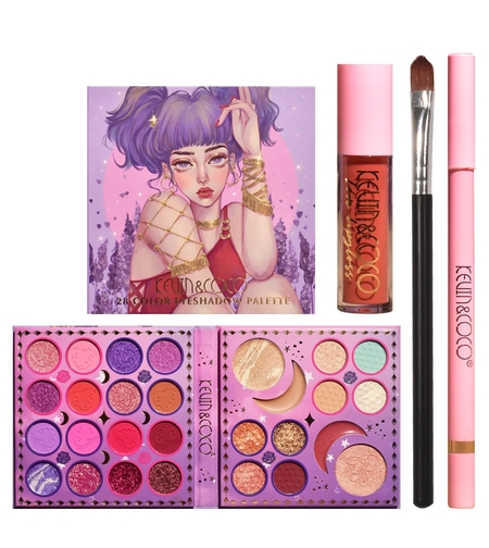 Set Produse de Machiaj, Kevin & Coco, 28 Culori, Fard de Ochi, Ruj, Pensula si Creion, Varianta 2