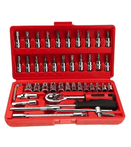 Chei tubulare Set 46 de Piese, Flippy, Trusa Scule de Reparatii Auto, Prelungitoare Rigid si Flexibil, Articulatie Cardanica, Antrenor de Forta Glisant, Adaptoare, Maner pentru Surubelnita, 23 x 12 x 4 cm, 1.9 kg, Cutie Rosie