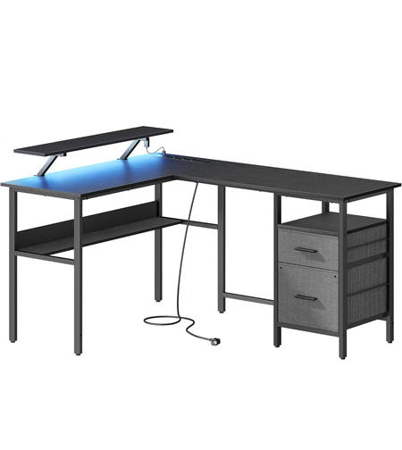 VASAGLE Birou in forma de L, suport monitor, raft si 2 sertare, 4 prize si 2 USB, 120x150x76 cm, negru