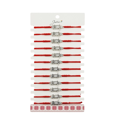 Martisor Bratara Impletita cu Pandantiv din Inox, Jolie, pentru Dama, Set 12 bucati, Snur Rosu Textil, Dimensiune Reglabila, Model Bufnita
