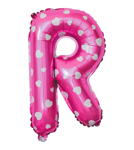 Balon Folie Metalizata Litera R, Flippy, 40 cm, Cu Imprimeu Inimioare, Umflati cu Heliu sau Aer, Ambalaj Individual, Pai inclus, Roz