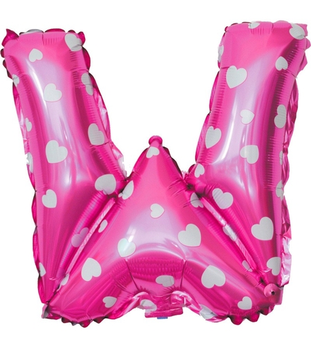 Balon Folie Metalizata Litera W, Flippy, 40 cm, Cu Imprimeu Inimioare, Umflati cu Heliu sau Aer, Ambalaj Individual, Pai inclus, Roz