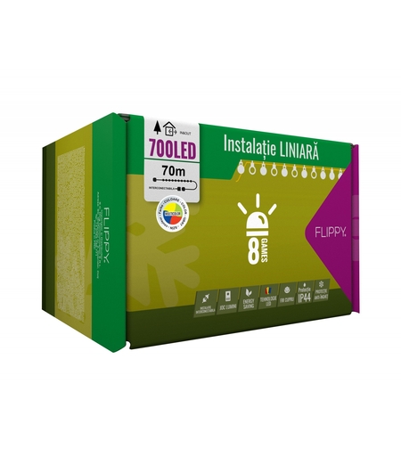 Instalatie Craciun, 70 m, 700 Led-uri ,Liniara, Multicolor, 8 jocuri de lumini, Transformator cu telecomanda, Interconectabila, Prelungitor 3 m inclus, Fir Verde, Vafy