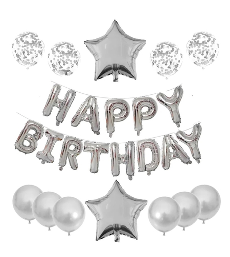Set 25 de Baloane din Folie Metalizata si Latex, Flippy, Figurine 2 Stele, 4 Baloane Confetti, 13 Litere, 6 Latex, Model Happy Birthday, Tema Aniversare, 40 cm, Ambalaj Individual, Pai Inclus, Umflare cu Aer sau Heliu, Argintiu