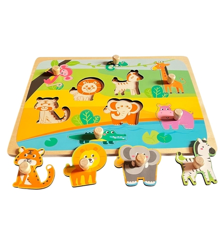 Puzzle Montessori din Lemn pentru Copii, Flippy, 0-3 Ani, Model Animale din Jungla, Educativ, Intuitiv, Creativ, 9 Piese, 30x22.5x0.8 cm, Multicolor