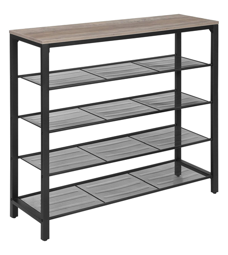 VASAGLE Raft de pantofi metalic, cu 4 nivele plus polita superioara, stil industrial, 100x30x93cm, gri si negru