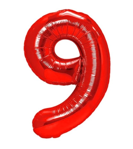Balon din Folie Metalizata Flippy, Figurina Cifra, Tema Aniversare 100 cm, Ambalaj Individual, Pai inclus, Umflare cu Aer sau Heliu, Rosu, Cifra 9