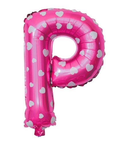 Balon Folie Metalizata Litera P, Flippy, 40 cm, Cu Imprimeu Inimioare, Umflati cu Heliu sau Aer, Ambalaj Individual, Pai inclus, Roz