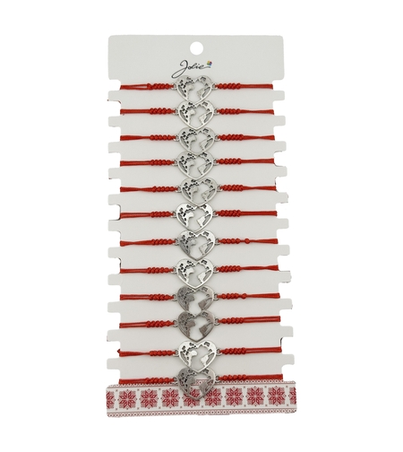 Bratara Martisor pentru Dama, Jolie, Model Inima Glob, Set 12 bucati, Pandativ Argintiu din Inox cu Snur Rosu Ajustabil