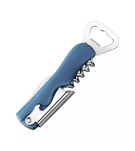 Tirbuson de Sticle 4 in 1, Flippy, Desfacator de Sticle Multifunctional, din Inox cu Maner Anti Alunecare, 13.5 x 4 cm Albastru