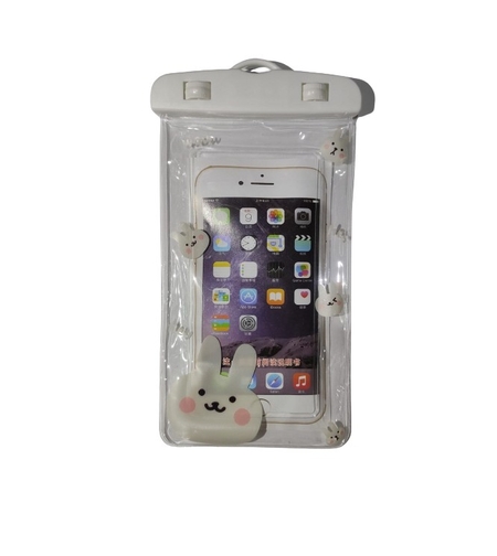 Husa subacvatica Kids Waterproof Flippy, Snowproof, Universala, cu Snur, pentru telefon sau documente, Bunny, Alb