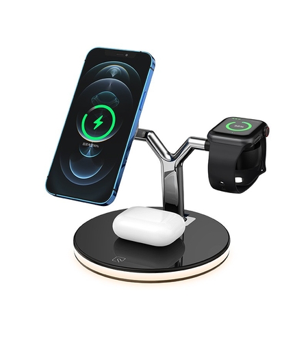 Statie de Incarcare 3 in 1, Flippy, Incarcator MagSafe Wireles Charger, Compatibil cu Apple iPhone, iWatch, AirPods, New Design, Max 25W, 14 x 14 x 10 cm, Negru