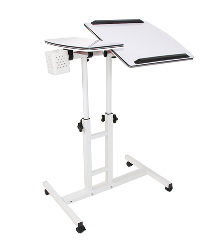 Masuta laptop reglabila cu 2 blaturi acrilice, pe roti cu blocare, 60-90 cm, alb perlat