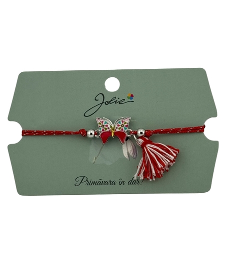 Martisor Bratara Ciucure, Jolie, Snur Rosu Reglabil, cu Pandantiv, Model Fluture