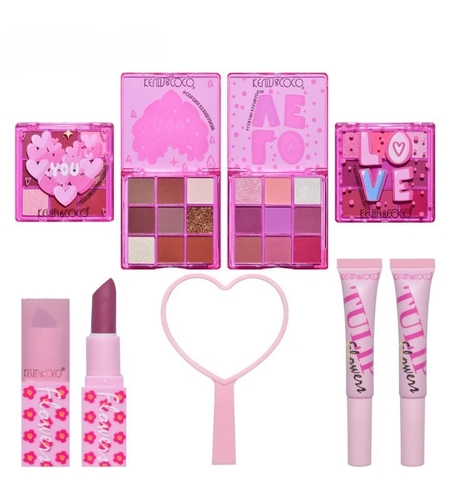 Set de Machiaj, KEVIN & COCO, 22 Culori, Model Lalele, 2 Palete de Farduri, 2 Lip Gloss-uri, 2 Lip Stick-uri, 1 Oglinda Inimioara, 15.7 x 21 x 4 cm, Multicolor