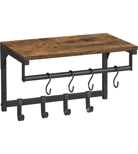 VASAGLE Cuier perete cu 8 carlige si polita, 40x24x24 cm, maro rustic si negru
