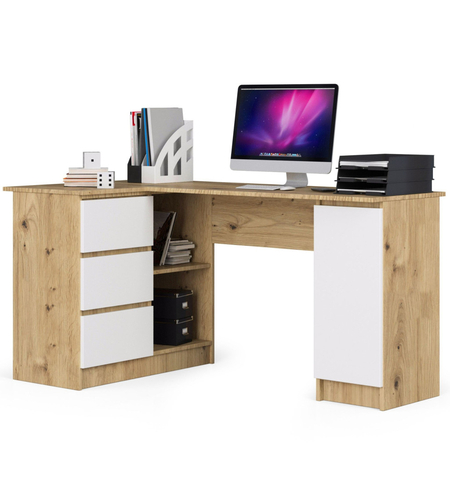 Birou colt stanga in L cu 3 sertare si rafturi, PAL laminat 16 mm, 155x85x77 cm, stejar artisan si alb