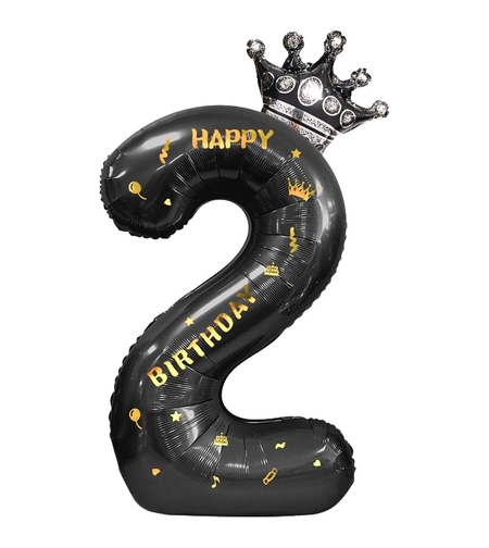 Balon din Folie Metalizata Flippy, Figurina Cifra si Coroana, Scris Happy Birthday, Tema Aniversare 100 cm, Ambalaj Individual, Pai inclus, Umflare cu Aer sau Heliu, Negru, Cifra 2