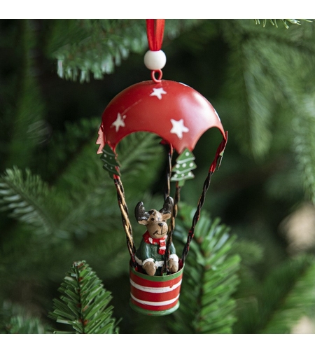 Figurina pentru Brad de Craciun, Flippy, Model Ren in Balon cu Aer Cald, Ornament pentru Brad, din Metal, 11 x 5.5 x 5.5 cm, Rosu inchis