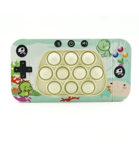 Jucarie interactiva tip consola pentru copii Flippy, speed push whack-a-mole, joc de viteza pop it, material ABS/silicon, cu nivele, sunete si lumini, 15.5 x 7.6 x 5.3 cm, model dinozaur, verde