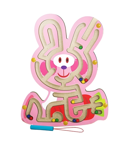 Joc Montessori cu Bile, Flippy, Creion Magnetic, Tip Labirint, din Lemn, Model Iepuras, 19.5x15.5 cm, Roz
