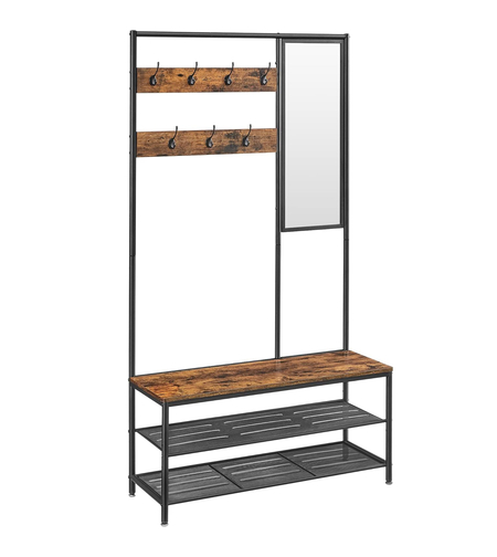 VASAGLE Cuier cu rafturi depozitare pantofi si ​​oglinda, industrial, 35x98x180 cm, maro rustic si negru