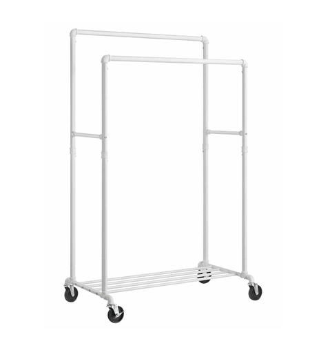 SONGMICS Suport haine cu 2 bare si raft, cu roti, cadru metalic, design industrial, 100x59x162 cm, alb