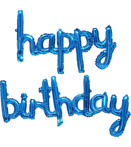 Set Baloane din Folie Metalizata, Flippy, Model Happy Birthday, 45x85 cm, 45x124cm, Baloane Party, Ambalaj Individual, Pai Inclus, Umflare cu Aer sau Heliu, Albastru