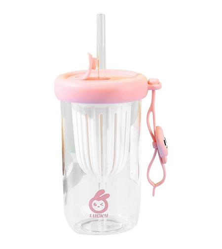 Pahar din silicon, cu capac si pai, pentru copii, Flippy, anti-cadere, compartiment pentru fructe/ceai/gheata, rezistent la temperaturi inalte, 500ml, Roz, 14.5x8.8x20 cm