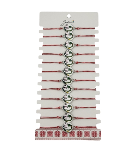 Bratara Martisor pentru Dama, Jolie, Model Rotund cu Ghiocel, Set 12 bucati, Pandativ din Aliaj cu Print Traditional, Snur Ajustabil Impletit, Alb/Rosu